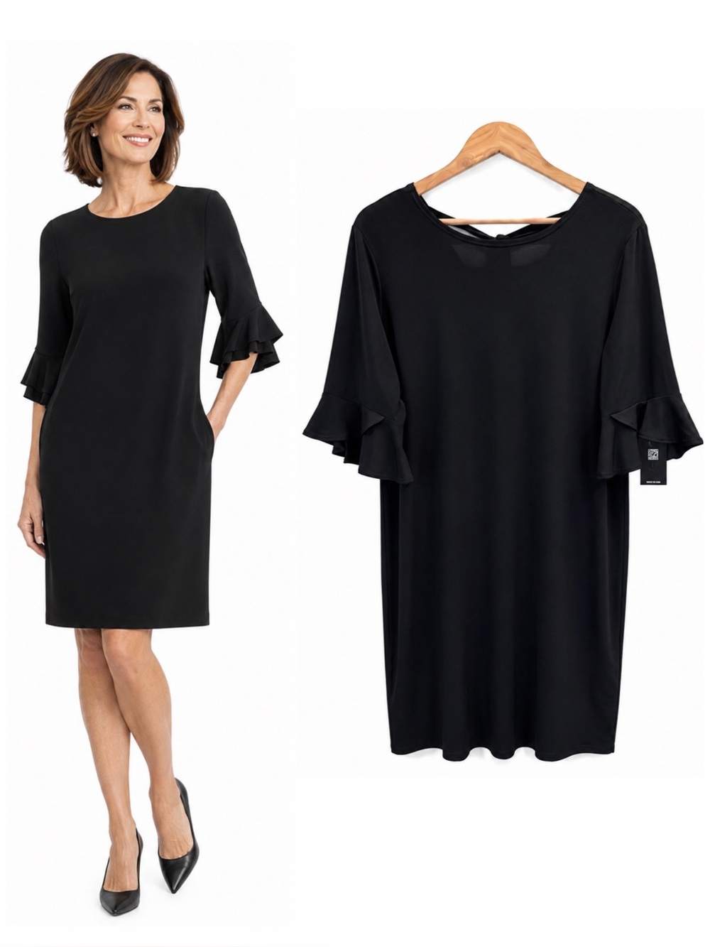 NWT Clara Sunwoo Black Tulip Cuff Shift Dress L Made USA Travel Knit Breathable